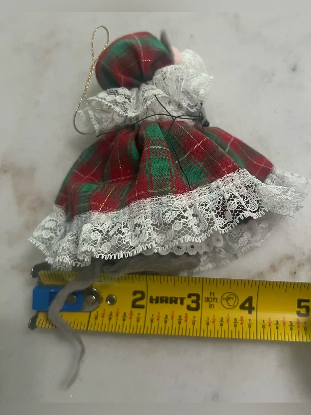 Vintage Cloth Christmas Mouse Plaid Dress & Hat Holiday Decor Ornament